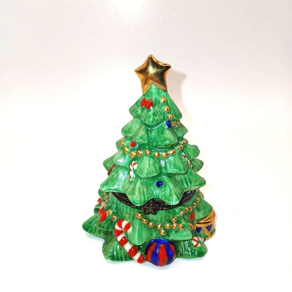 Vintage House of Lloyd Christmas Tree Trinket Box Ceramic Hinged 1997 4 in tall